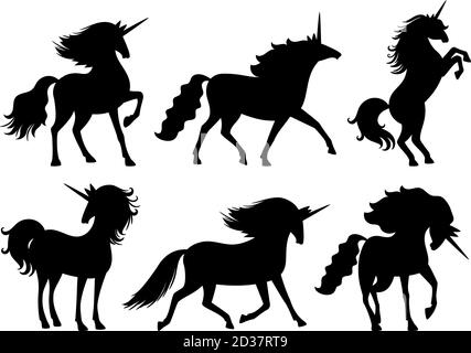 Unicorn silhouettes. Unicorns silhouette set isolated on white, mysterious horse animal, cute horsy myth spirit black scrapbook decoration vector illustration Stock Vector