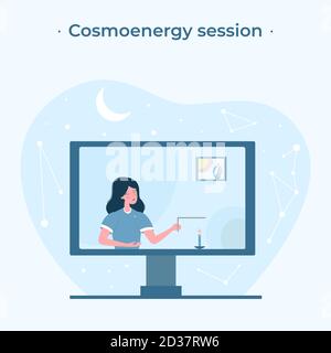 Vector illustration. A female teacher conducts a remote session on the cosmoenergy. Stock Vector