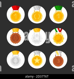Set of medals vector icons. Golden, silver, bronze awards. Medal and prize, trophy gold badge illustration Stock Vector