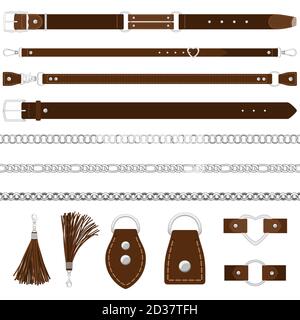 Vector leather belts, silver chains, colars isolated on white background Stock Vector