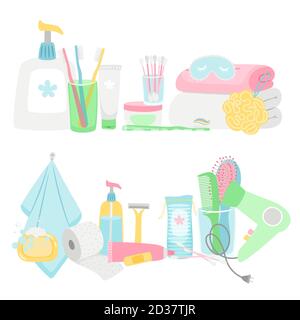 Cartoon hygiene elements and accessories vector set. Hygiene elements, toothpaste and toothbrush, towel and sponge illustration Stock Vector