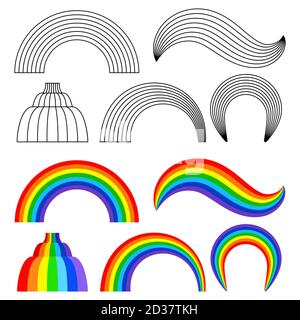 Black line and colored vector rainbows set, isolated on white baclground Stock Vector