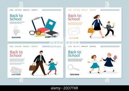 Back to school landing page template. Vector banners with school kids, parents, stationery. Back school, father or mother follow child to education illustration Stock Vector