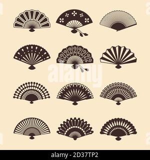 Vintage elegant oriental fans of set vector silhouettes. Oriental fan chinese, decoration japanese souvenir illustration Stock Vector