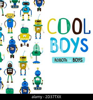 Cute cool boys robots vector background on white backdrop Stock Vector