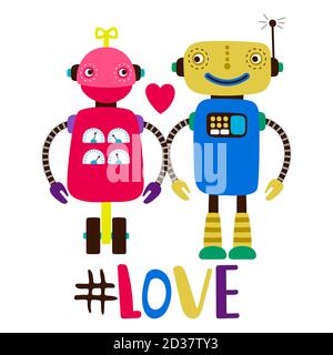 Female and male robots in love vector print illustration. Robot love character, technology machine Stock Vector