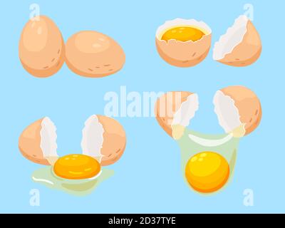 Cartoon eggs icons set. Whole and broken eggs, breakfast cooking ingredients, vector illustration Stock Vector