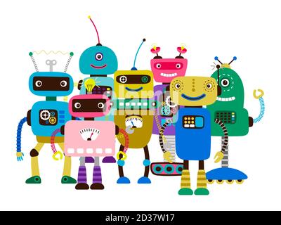 Group of cute cartoon character robots vector illustration Stock Vector