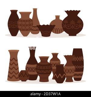 Greek vases. Ancient decorative pots isolated on white background. Group pottery amphora, vase and bowl, pots greek decorative ceramic illustration Stock Vector
