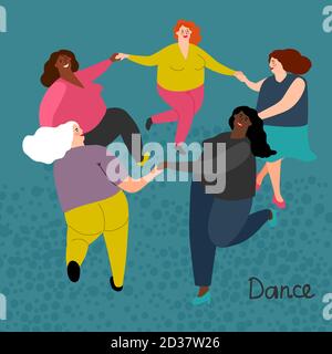 Fatty international women get dance vector illustration. Plump woman dance in round Stock Vector