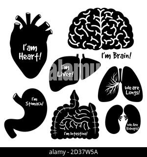 Black silhouettes, icons of human internal organs vector set. Human organ internal silhouette, medical anatomical heart illustration Stock Vector