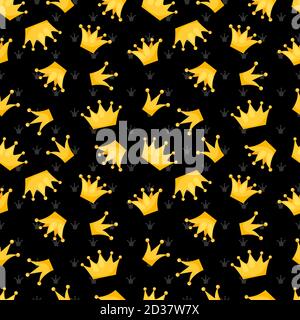 Gold vector crowns on black seamless pattern design. Crown pattern gold seamless illustration Stock Vector