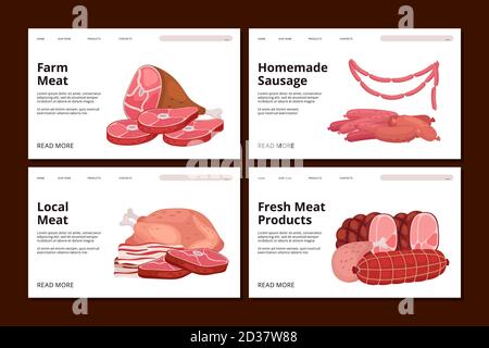 Farm market landing page. Fresh meat, homemade sausage, chicken vector web banner template Stock Vector