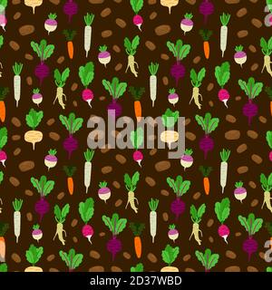 Fresh roots colored vegetables vector seamless pattern. Illustration of vegetable food, fresh root vegetarian, drawing plant Stock Vector