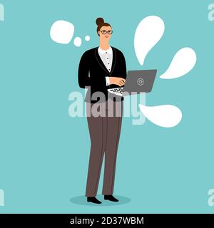 Businesswoman has online chat vector illustration flat. Business woman chatting and communication in laptop Stock Vector