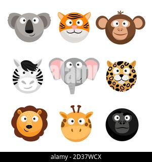 Wild animal emoticons. Vector cartoon funny smileys faces, cartoon animal emojis. Wild face animal head, smiley avatar illustration Stock Vector