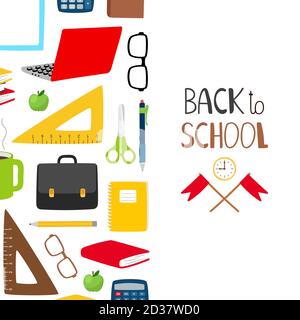 Back to school vector background. School banner with stationery, books, glasses. Stationery school supplies, pen and book, computer and calculator illustration Stock Vector