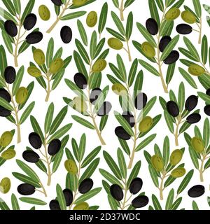 Olives seamless pattern. Olive branches with berries and leaves nature green texture on white background vector illustration Stock Vector