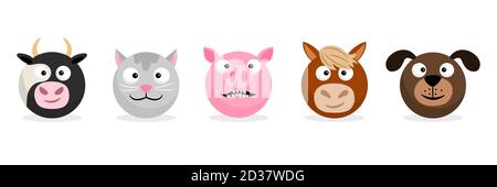 Farm animals and pets faces emoticons. Vector cartoon emojis. Illustration of emoticon animal face, cow and horse, piglet and dog Stock Vector