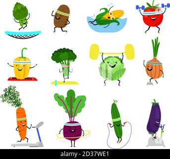 Vegetables sports characters. Funny wellness vegetable food set with laughing faces in sport exercising, broccoli carrot, yellow pepper cucumber vector illustration Stock Vector