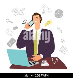 Guy manager, secretary, assistant businessman with laptop and phone. Secretary guy, man with phone and laptop Stock Vector