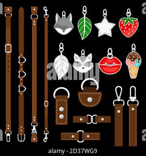 Vector leather belts, pendants, colars, belts elements isolated on black background. Illustration of belts with carabine or clasp, leather and buckle Stock Vector