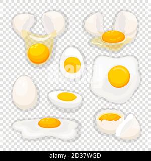 Eggs on transparent. Fried egg set isolated, vector omelet and broken eggshell with whole yolk for breakfast fry Stock Vector