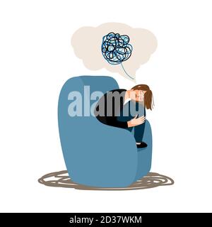 Depressed girl tangled brain vector illustration isolated. Untangle process, difficult human confused mental Stock Vector