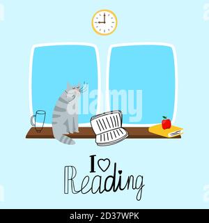 Reading vector concept with cute cat and books. Cat read book, reading on sill illustration Stock Vector