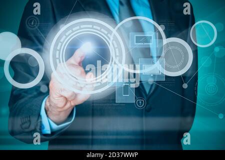 Business man working with a virtual screen. Business, technology and internet concepts Stock Photo