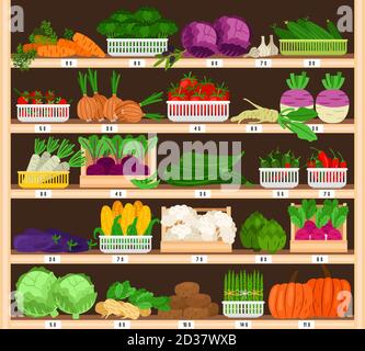Vegetables on shelves. Market vegetable stall with prices, eco supermarket ripe healthy organic grocery sale, tomato and pumpkin, garlic and corns vector illustration Stock Vector