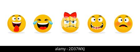 Yellow faces emoticons. Vector cartoon funny smileys faces, cartoon emojis. Illustration of smiley emoticon, funny face expression, emotion facial Stock Vector