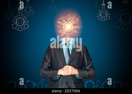 Have a good idea. Businessman with a lightbulb per head. Business and finance concept Stock Photo