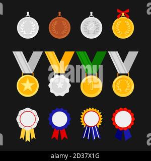 Vector orders and medals isolated on black background. Awards icons set. Illustration of medal prize with ribbon, trophy honor badge Stock Vector