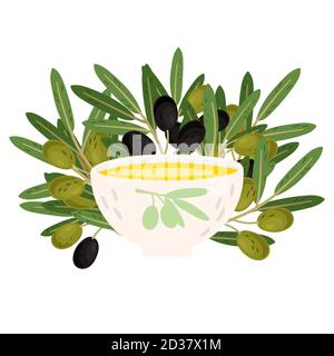 Bowl with fresh olive oil and olives branches vector illustration Stock Vector