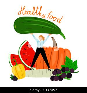 Organic healthy food vector concept. Fresh vegetables and fruits illustration Stock Vector