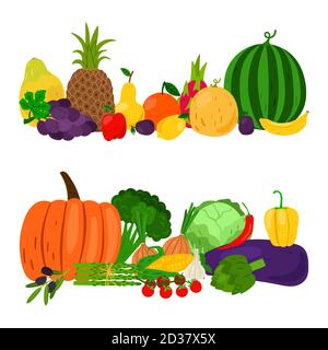 Vegetables and fruits vector groups. Harvest illustration. Greens isolated on white background Stock Vector