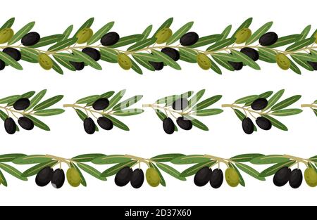 Olives and olive branches seamless border vector collection Stock Vector