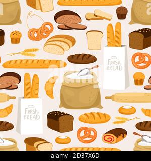 Bakery bread seamless pattern. Cartoon breads products and pastries, ears and flour bakeries on beige vector background Stock Vector