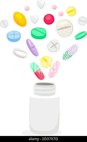 Medicine pills in white bottle. Painkiller pill capsules pills pour in empty jar, different remedy or vitamin medicines isolated on white background, vector illustration Stock Vector