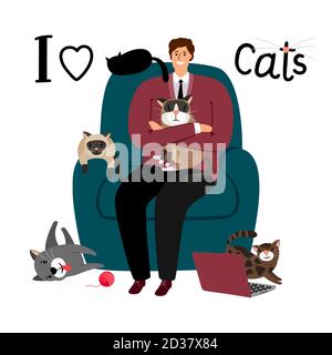 Pets vector illustration. I love cats. Happy man and different cats Stock Vector