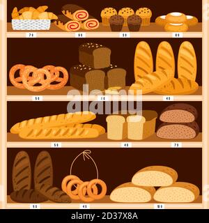 Grocery breads shelves. Bread and fresh pastries wood showcase, bakery products in wooden interior. Bagel and brown sliced loaf, donut and cheesecakes vector illustration Stock Vector