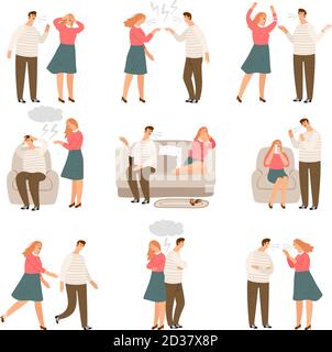 Unhappy family. Husband and wife or couple of people during conflict, characters vector illustration Stock Vector