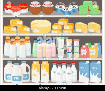 Dairy products in supermarket. Milk farm products on shelves in grocery store, milk bottles and yogurt, cheese and sour cream in shop refrigerator, vector illustration Stock Vector