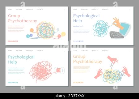 Psychotherapy landing page template. Vector psychological help web banners design. Illustration of support and consultation psychological, psychotherapy web page Stock Vector
