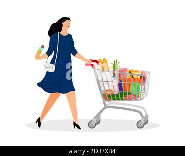 Shopping cart. Supermarket full cart. Shopping woman with ice cream in grocery store vector illustration Stock Vector