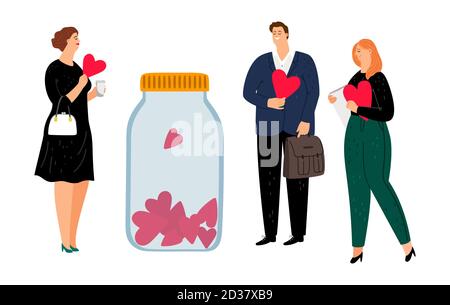 Charity and donations. Volunteers with red hearts. Flat people making donate vector illustration Stock Vector