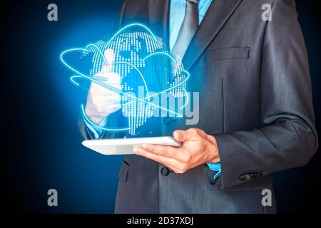 Business man with a tablet and hand OK with gear bulb. Excellent idea for success. Bulb with gears and successful business concept. Think of an idea Stock Photo