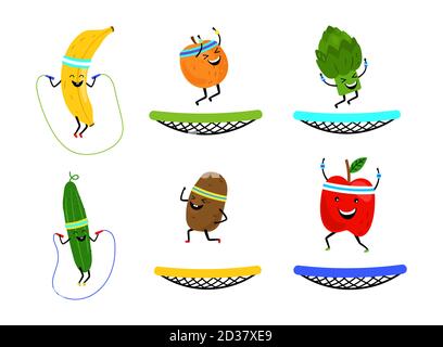 Happy jumping fruits and vegetables. Vector cartoon healthy food isolated on white background. Funny character vegetable mascot, vegetarian healthy food fitness illustration Stock Vector
