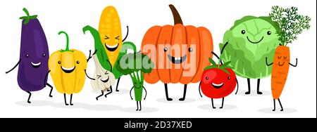 Cute cartoon vegetables isolated on white backgroung. Harvest season illustration. Vegetable pumpkin and tomato, carrot and cabbage Stock Vector